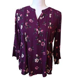 NEW Fun2Fun Purple Floral Split Neck‎ High-low Blouse 3/4 Length Sleeves Size XS
